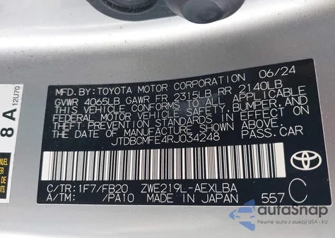 2024 Toyota Corolla Hybrid Le from USA, damaged, VIN JTDBCMFE4RJ034248